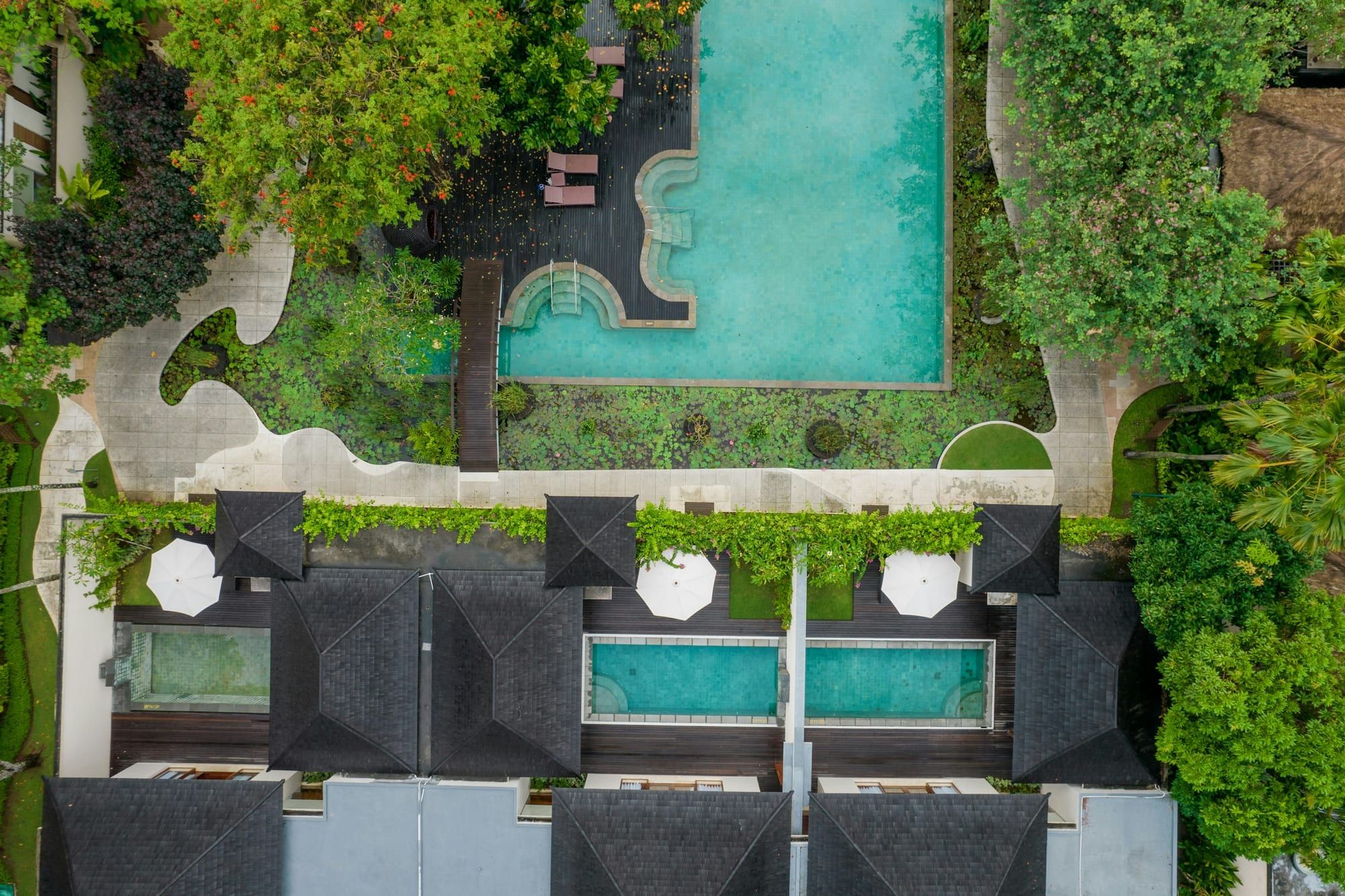 Aerial view of a garden pool among tropical trees beside a row of villa roofs.